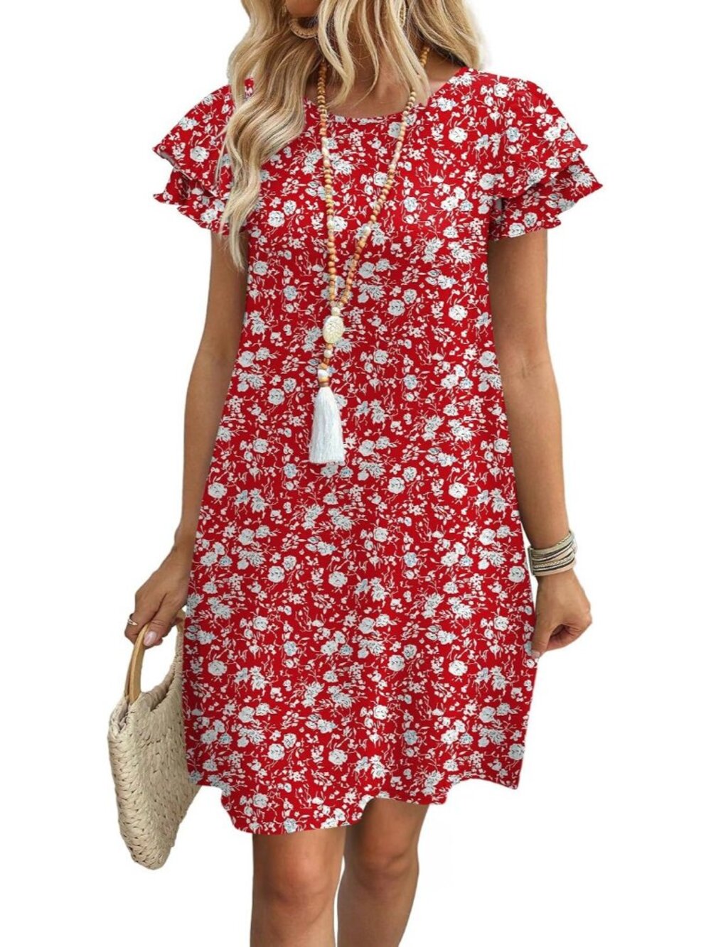 Women's Red Beige Polyester Blend Cap Sleeve Crew Neck Pull On Mini Dress